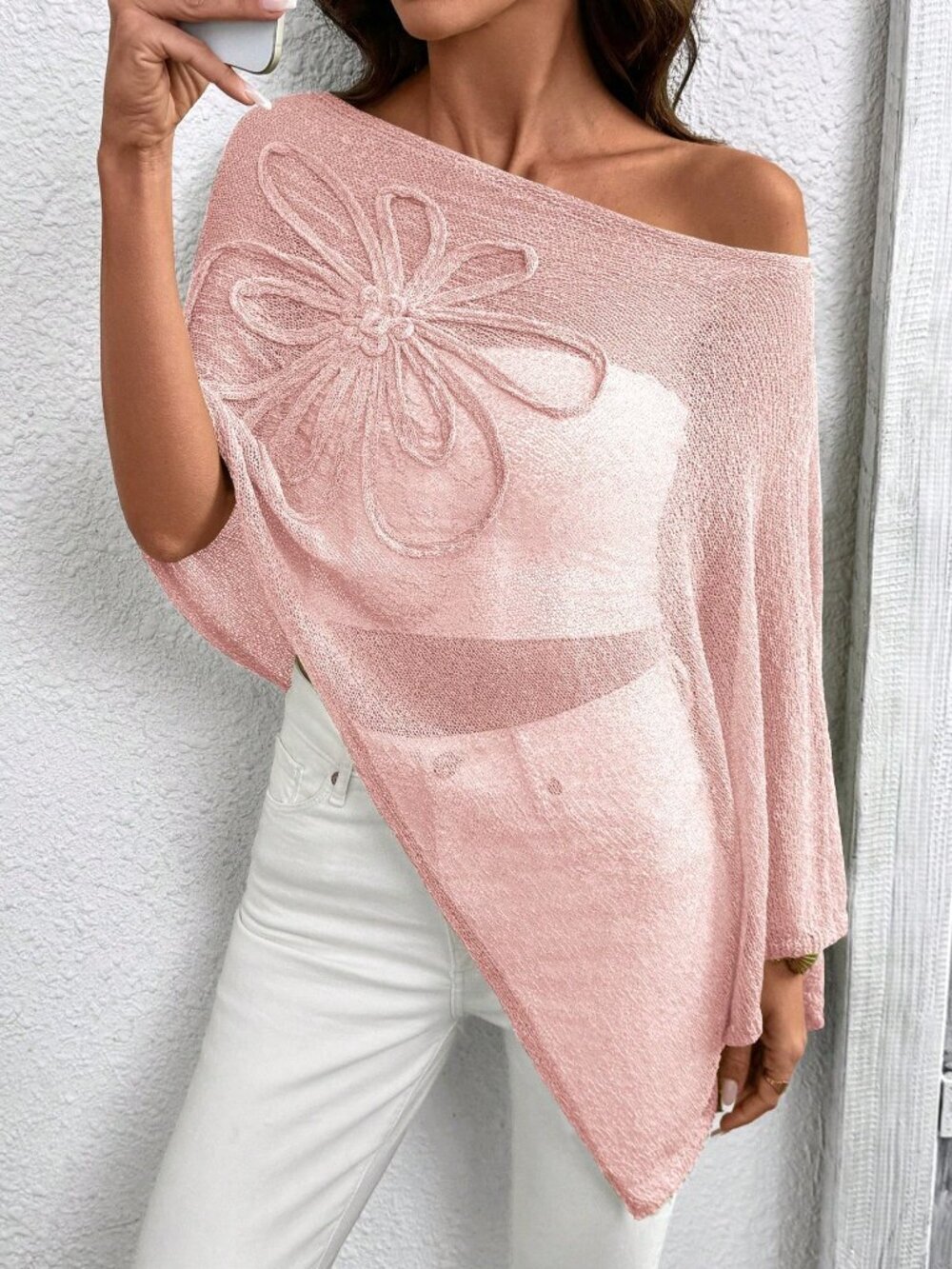 Pink Casual Women's Plus Size Asymmetric Design Poncho-Style Knit Top